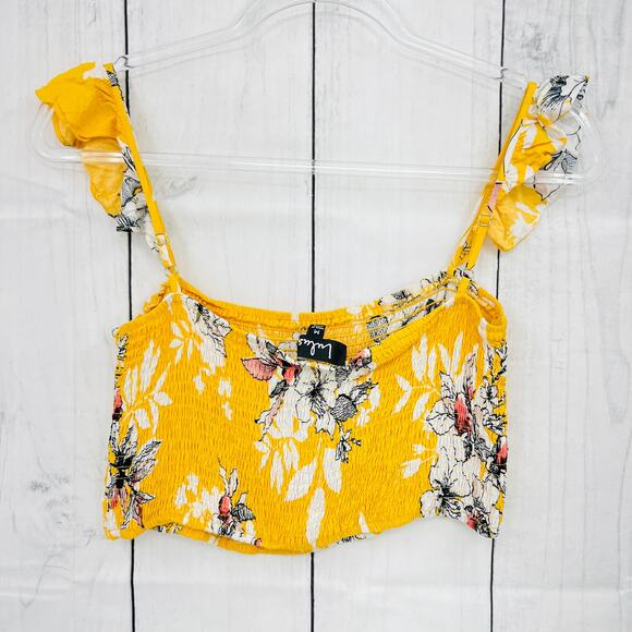 Lulus Yellow Floral Smocked Crop Top stretchy ruffle straps sz Medium - Picture 2 of 7
